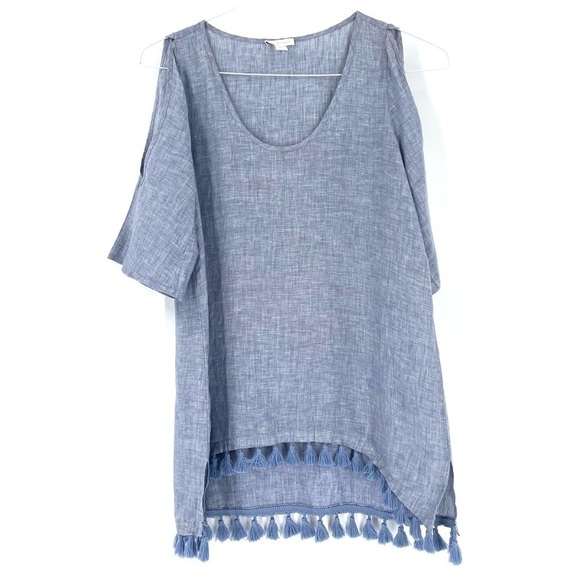 Saks Fifth Avenue 100% Linen Cold Shoulder Tassel Hem Tunic Top - Picture 1 of 7